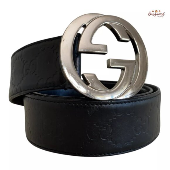 Authentic Gucci Black Guccissima Leather Silver Interlocking G Buckle Belt 90/36 - Picture 2 of 14